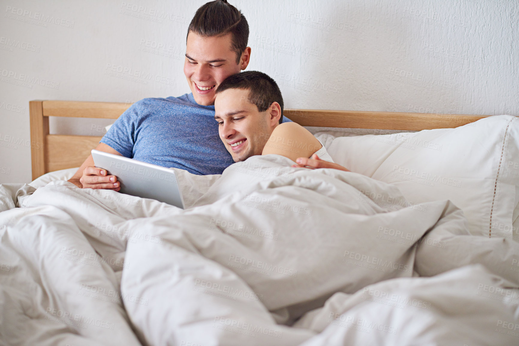 Buy stock photo Tablet, search or gay couple relax in bed with video, movie or social media, sign up or streaming service at home. LGBTQ, love or queer people in bedroom with digital, app or chill in house