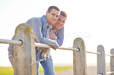 Buy stock photo Couple, portrait and happy gay male people, smile and marriage in nature at park. LGBT, love and support or trust from partner in relationship, queer and summer on holiday or honeymoon for relax