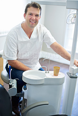 Buy stock photo Portrait male dentist and man with smile, equipment and medical service with schedule and professional. Face, person and oral health with employee and appointment with tools, happy and dental care