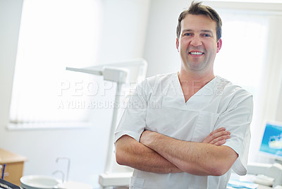 Buy stock photo Man, portrait and dentist equipment for dental teeth or wellness consultation or clean hygiene, oral or whitening, Male person, face and employee or healthy insurance or clinic, results or checkup