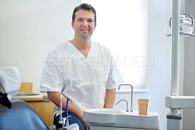 Buy stock photo Man, portrait and dentist for teeth or dental care or wellness consultation and cleaning, oral or equipment. Male person, face and employee for healthy insurance or gum clinic, results or checkup