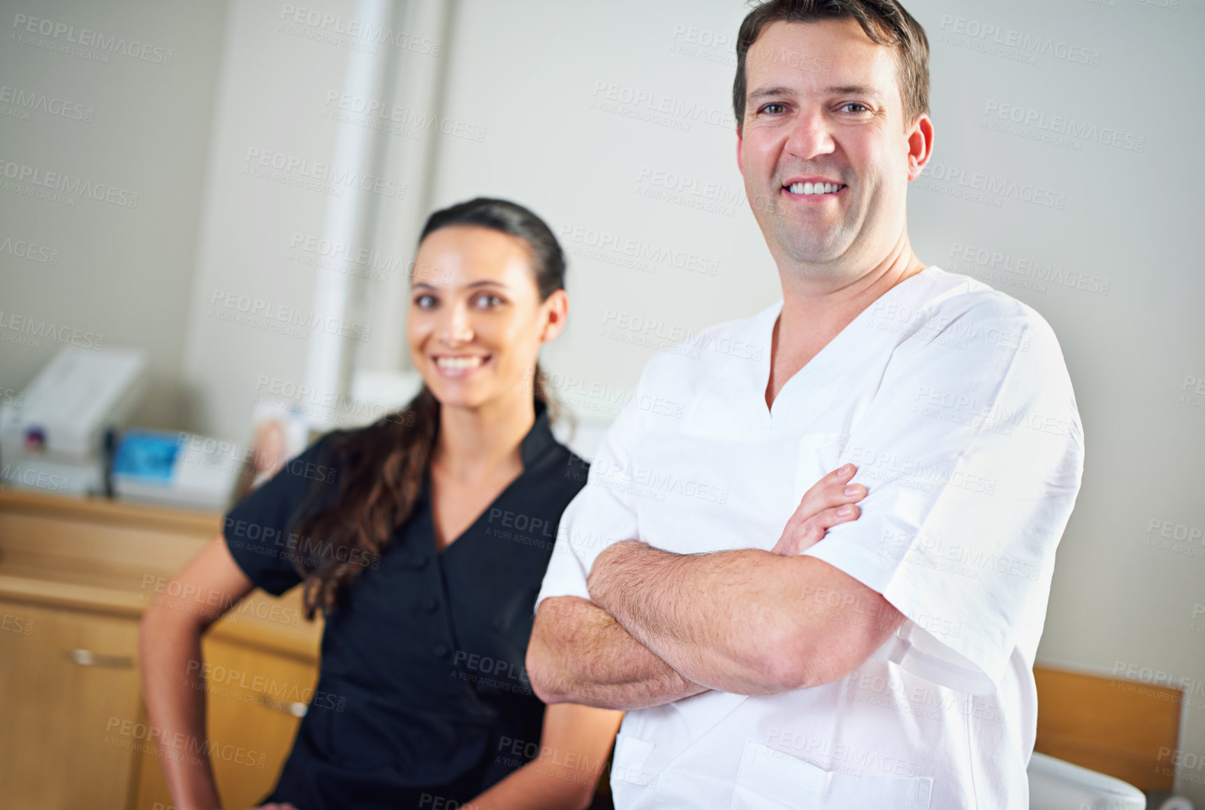 Buy stock photo Portrait, smile or dentist team in consulting office for help, advice or mouth wellness exam. Dental, oral care or doctor and orthodontist intern with friendly service, teeth whitening or hygiene