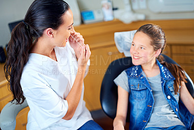 Buy stock photo Woman, child and dentist floss with happy people, oral show for examination for hygiene and health. Teeth, orthodontist and working in medical practice, dental wellbeing or consulting for cleaning