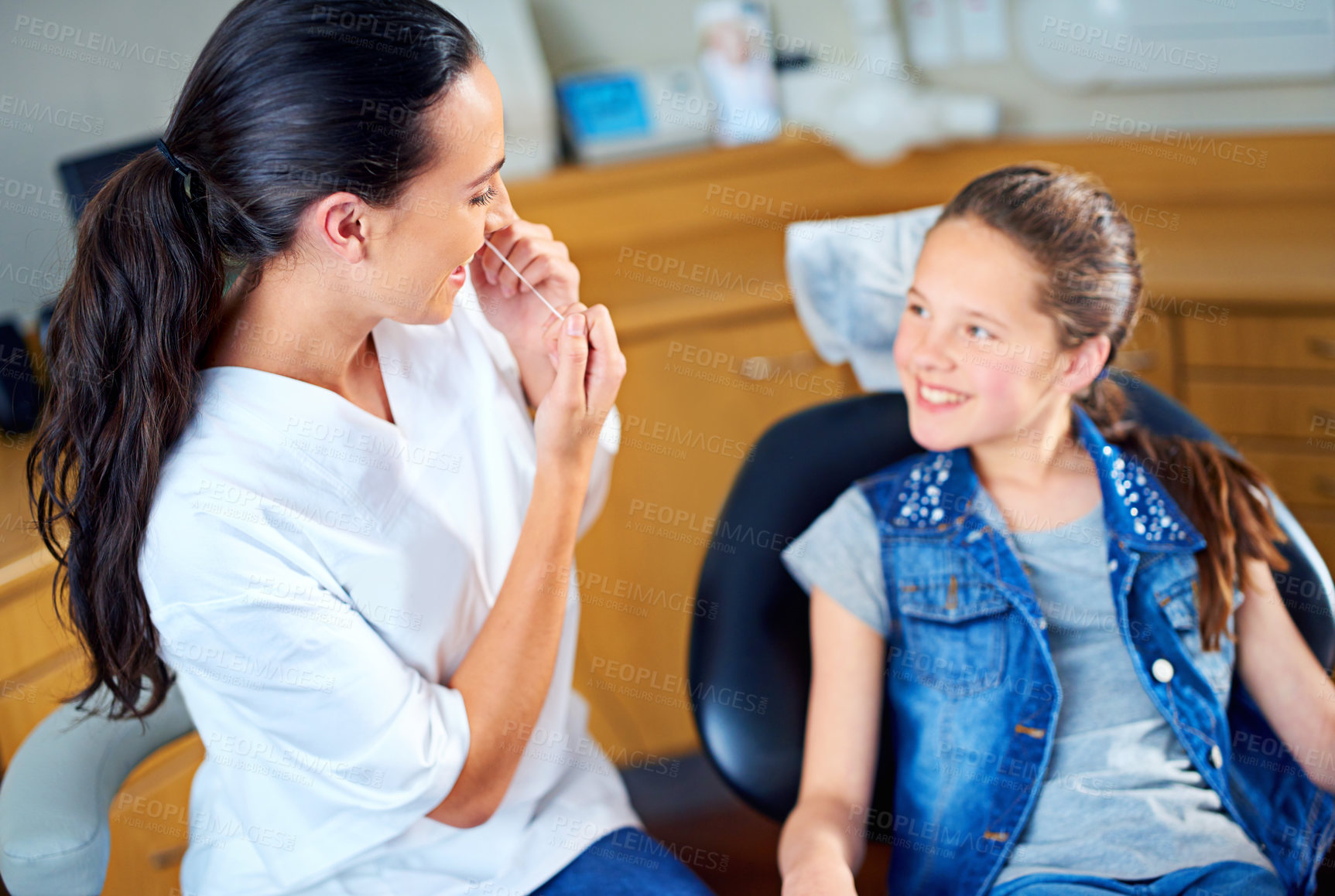 Buy stock photo Woman, child and dentist floss with happy people, oral show for examination for hygiene and health. Teeth, orthodontist and working in medical practice, dental wellbeing or consulting for cleaning