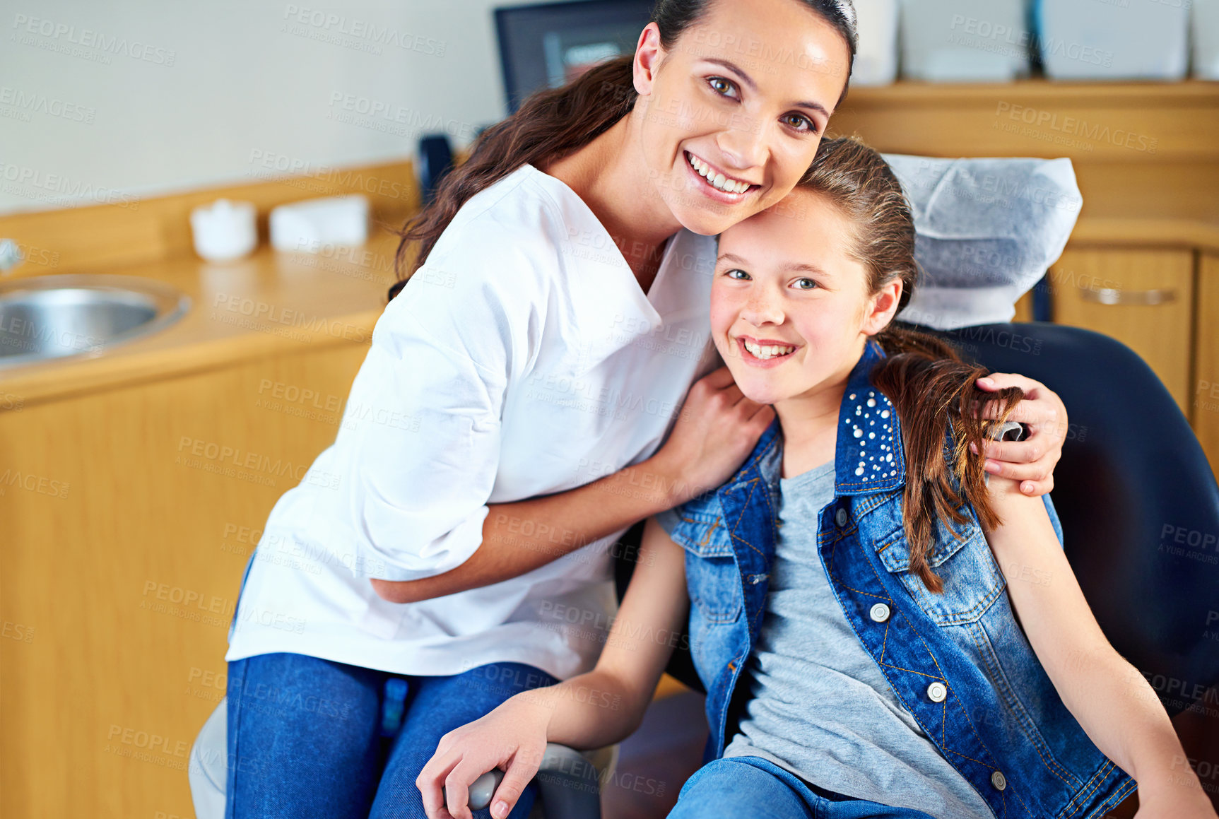 Buy stock photo Portrait, girl and dentist with child, woman and consultation for medical procedure and oral health. Face, professional and kid with employee and dental hygiene with care and trust with appointment