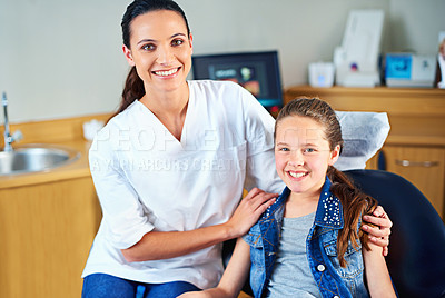 Buy stock photo Healthcare, clinic and portrait of dentist with child for cleaning, teeth whitening and wellness. Happy, dentistry and woman and girl with tools for dental hygiene, oral care and medical services