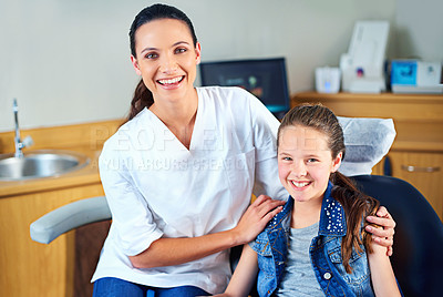 Buy stock photo Portrait, girl and dentist with kid, checkup and appointment for medical procedure and oral care. Face, professional and child with employee and dental health with hygiene and trust with consultation