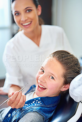 Buy stock photo Portrait, girl and dentist with kid, woman and appointment for medical procedure and oral health. Face, professional and child with employee and dental hygiene with care and trust with consultation