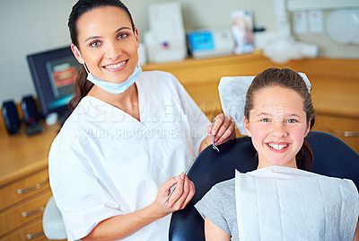 Buy stock photo Dentist, chair and portrait of child for consulting, teeth whitening and wellness in clinic. Healthcare, dentistry and woman and girl with tools for dental hygiene, oral care and medical services