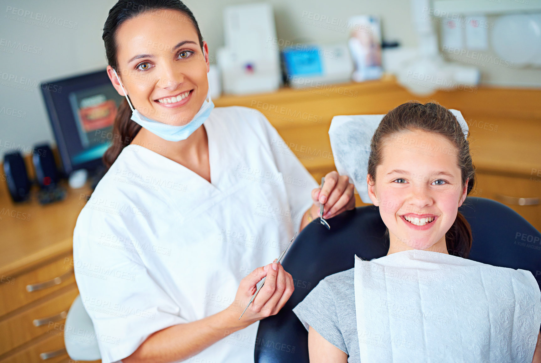 Buy stock photo Dentist, chair and portrait of child for consulting, teeth whitening and wellness in clinic. Healthcare, dentistry and woman and girl with tools for dental hygiene, oral care and medical services