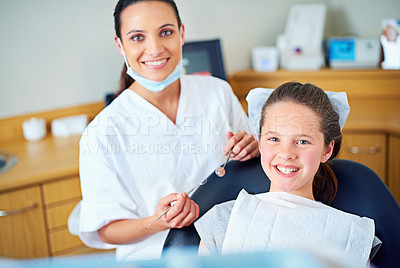Buy stock photo Consulting, happy and portrait of dentist with child for cleaning, teeth whitening and wellness. Healthcare, dentistry and woman and girl with tools for dental hygiene, oral care and medical services
