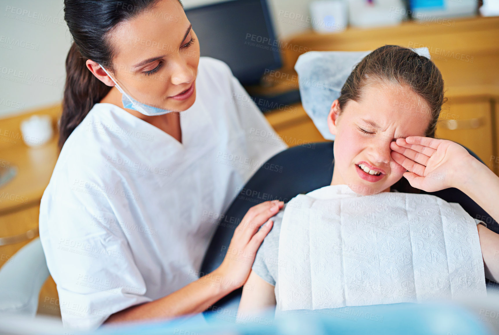 Buy stock photo Fear, dental or crying girl with dentist in toothache consultation, problem or crisis. Pediatric dentistry, comfort or kid with stress, anxiety or tears for root canal, crown or extraction phobia 