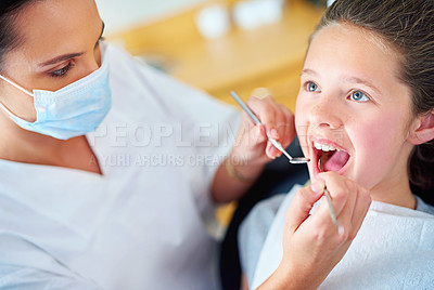 Buy stock photo Woman, dentist and child for healthy teeth or consultation appointment for dental cavity, whitening or examination. Female person, face mask and oral hygiene for gum diagnosis, equipment or tooth