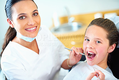 Buy stock photo Tools, clinic and portrait of dentist and child for cleaning, teeth whitening and wellness. Health, dentistry and woman and girl with mirror and probe for dental hygiene, oral care or medical service