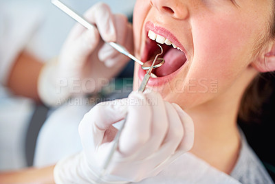 Buy stock photo Girl, kid and mouth inspection at dentist with healthcare tool, consultation or dental mirror for oral health. Professional, child patient or glove hand for teeth cleaning, gingivitis or medical care