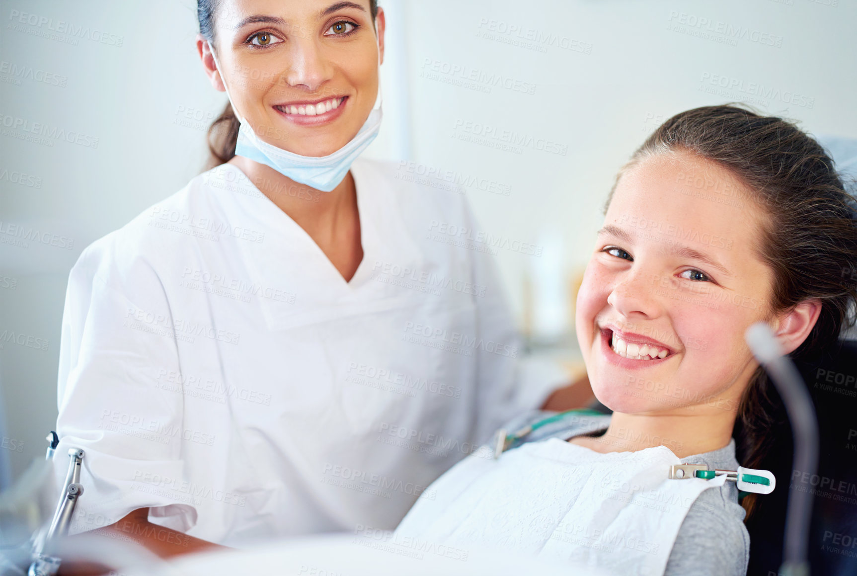 Buy stock photo Consulting, happy and portrait of dentist with girl for cleaning, teeth whitening and wellness. Healthcare, dentistry and woman and child with tools for dental hygiene, oral care and medical services