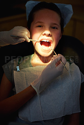 Buy stock photo Dental mirror, hands or girl face with dentist for mouth exam, tooth cavity or gum disease, bacteria or search. Oral, wellness or doctor with light, equipment or pediatric dentistry tool or cleaning