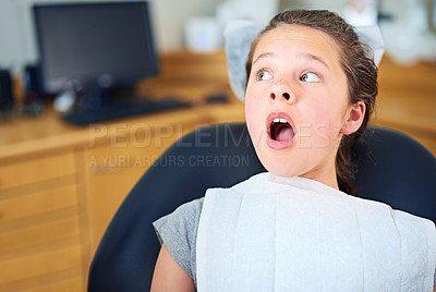 Buy stock photo Dental, wow or scared girl in consultation room with phobia, worry or fear for dentist exam. Orthodontics, stress or teen person nervous for teeth, cavity or bacteria, risk or gum disease emergency
