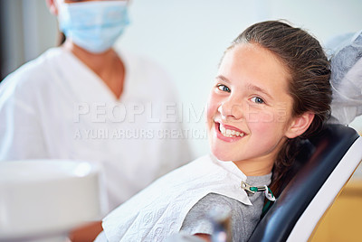 Buy stock photo Dental, smile or portrait of girl with dentist in consultation room for mouth, gum or wellness. Cleaning, teeth whitening or kid consulting orthodontist for tooth, growth or braces and development