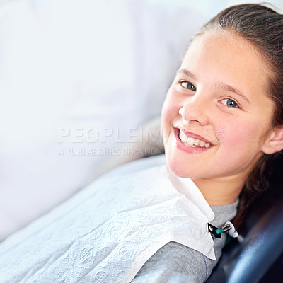 Buy stock photo Portrait, girl and dentist chair for mouth exam, hygiene or wellness in consultation room. Face, teeth whitening or happy kid consulting orthodontist for treatment or tooth growth and development