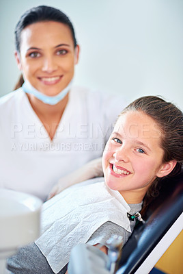 Buy stock photo Consulting, dentist and portrait of child in chair for cleaning, teeth whitening and wellness. Healthcare, dentistry and woman and girl with tools for dental hygiene, oral care and medical services