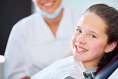 Buy stock photo Exam, dental or portrait of girl with dentist in consultation room for mouth, gum or wellness. Cleaning, teeth whitening or kid consulting orthodontist for tooth, growth or braces and development