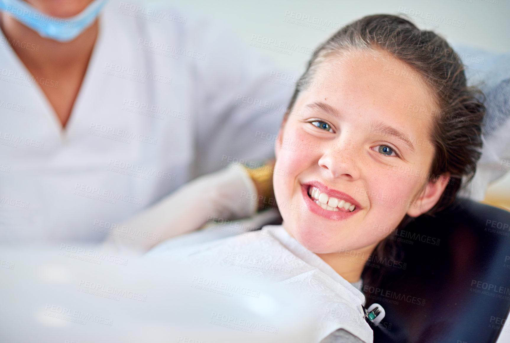 Buy stock photo Dental, examination or girl portrait with dentist in consultation room for mouth, gum or wellness. Cleaning, teeth whitening or kid consulting orthodontist for tooth, growth or smile and development