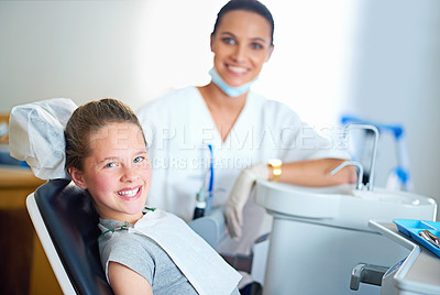 Buy stock photo Happy, dentist and portrait of child in chair for cleaning, teeth whitening and wellness. Healthcare, dentistry and woman and girl with tools for dental hygiene, oral care and medical consultation