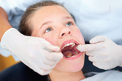Buy stock photo Girl, kid and mirror for inspection at dentist for healthcare with dental tool, consultation and checkup for oral health. Expert, child and glove hand for teeth cleaning, gingivitis and medical care