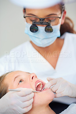 Buy stock photo Girl, child and mouth inspection at dentist for healthcare with dental mirror, closeup consultation or checkup for oral health. Magnifying glass, kid or glove hand for teeth cleaning and medical care