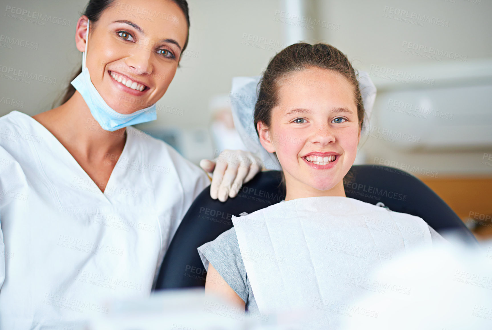 Buy stock photo Portrait of dentist and child for consulting, dental service and teeth whitening for wellness in clinic. Healthcare, dentistry and happy woman and girl hygiene, oral care and medical consultation