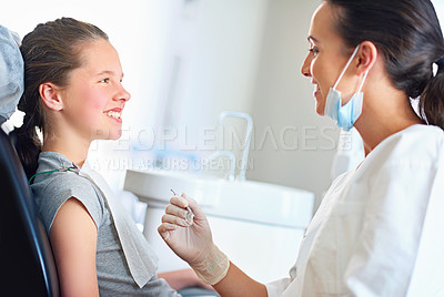 Buy stock photo Woman, child and dentist chair with happy people, oral surgery for examination for hygiene and health. Teeth, orthodontist and working in medical practice, dental wellbeing or consulting for cleaning