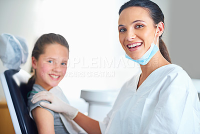 Buy stock photo Consulting, clinic and portrait of dentist with child for cleaning, teeth whitening and wellness. Healthcare, dentistry and woman and girl with smile for dental hygiene, oral care and medical service