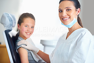 Buy stock photo Clinic, chair and portrait of dentist with child for cleaning, teeth whitening and wellness. Healthcare, dentistry and happy woman and girl for dental hygiene, oral consultation and medical service