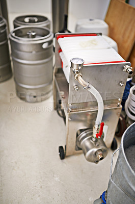 Buy stock photo Brewery, tank and pipe in machine for production with manufacturing process, distillation and craft beer in keg. Industrial industry, closeup and brewing equipment in factory, warehouse or distillery