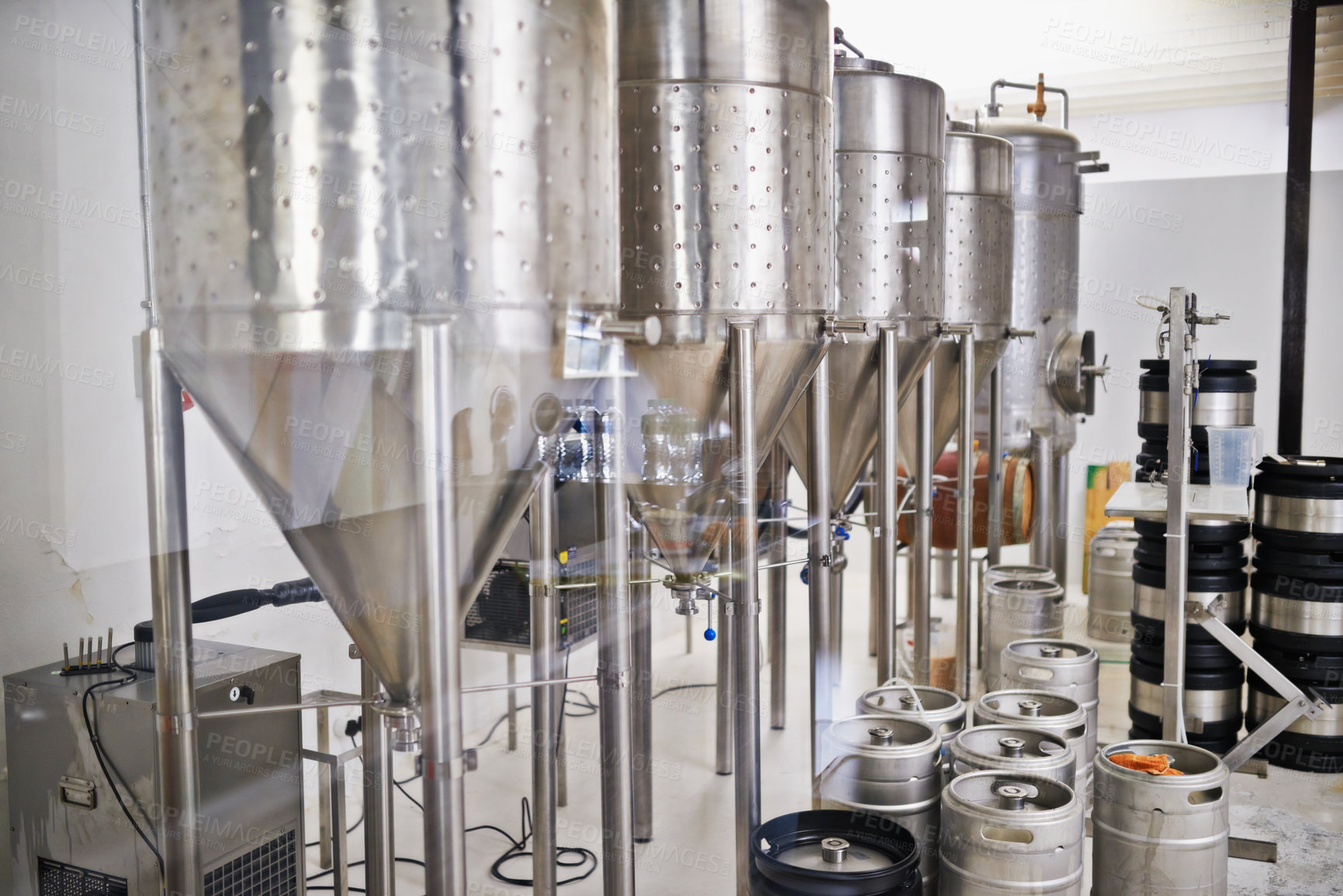 Buy stock photo Shot of steel tanks in a brewery