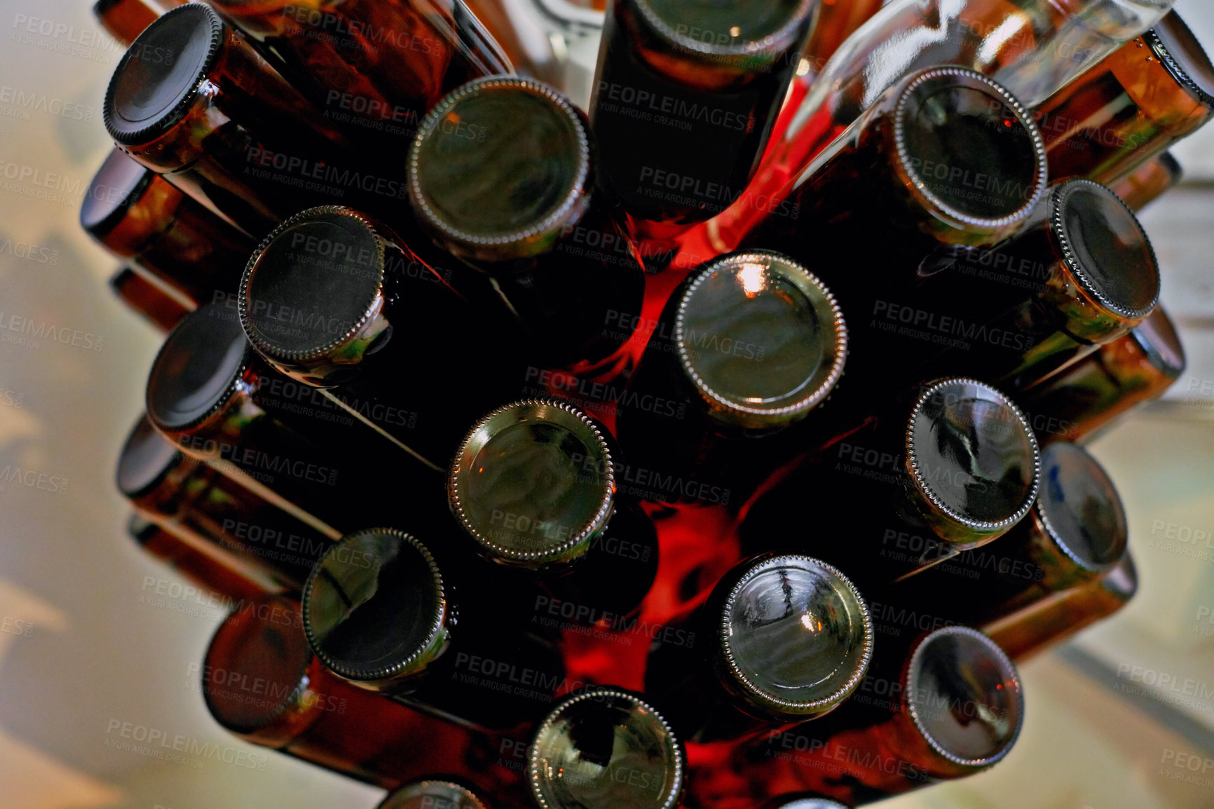 Buy stock photo Empty beer bottle, production and storage in factory for drying, cleaning and container with sterilization process. Cardboard package, glass and brewery for alcohol, cider or distillery in warehouse