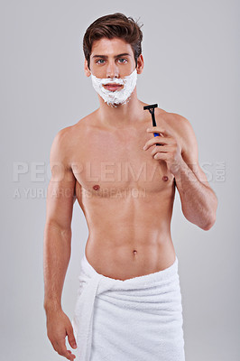 Buy stock photo Foam, shave and portrait of man on gray background for wellness, hair removal and beauty in studio. Skincare, dermatology and isolated person with shaving cream for cosmetics, grooming and hygiene