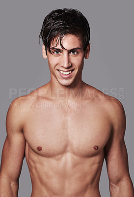 Buy stock photo Man, portrait and muscle smile in studio for workout transformation or strong chest, grey background or bodybuilder. Male person, model and face on mockup space for fitness abs, wellness or health
