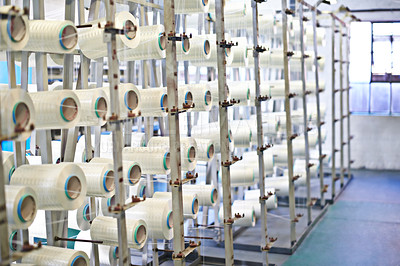 Buy stock photo Spool, stock and product manufacturing with warehouse, industry and supply chain for storage. Industrial plant, factory and logistics for freight, commercial distribution and equipment supplier cargo