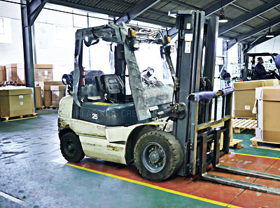 Buy stock photo Logistics, forklift and shipping warehouse for distribution, supply chain and loading packages. Transport, cardboard box and industrial factory for inventory, stock and vehicle at freight company