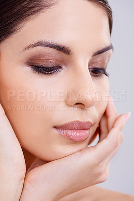 Buy stock photo Woman, face and hand with beauty and skincare, dermatology and eyeshadow for cosmetics isolated on white background. Makeup, transformation and healthy glow for skin, wellness and self care in studio