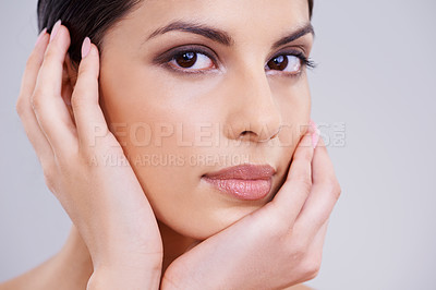 Buy stock photo Woman, hands and beauty portrait for skincare, dermatology and shine with cosmetics isolated on white background. Makeup, transformation and healthy glow for skin, wellness and self care in studio