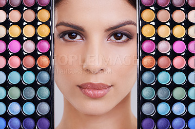 Buy stock photo Woman, eyeshadow and color in collage, makeup and beauty for dermatology, skin and fashion. Female person, face and cosmetics in studio, cosmetology and products for glow, femininity and wellness
