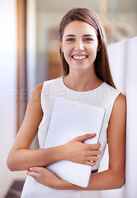 Buy stock photo Portrait, businesswoman and tablet for communication, information technology and working in corporate career. Confidence, employee and intern with digital pad for email, web internet in office
