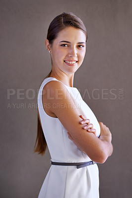 Buy stock photo Business woman, arms crossed and happy in portrait by wall background for pride, confidence and style. Person, entrepreneur or employee with clothes, career and job at corporate agency in Portugal