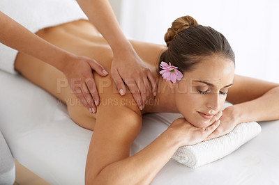 Buy stock photo Woman, back massage and hands for treatment, relaxing wellness and beauty therapy for body care. Female person, calm and serene or dermatology, cosmetics and resting at resort hotel and peace or zen