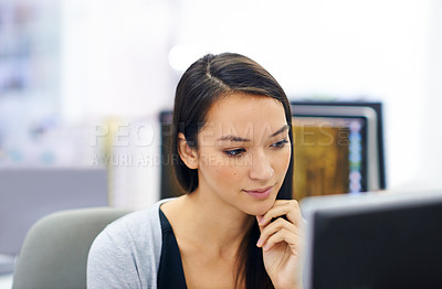 Buy stock photo Professional woman, thinking and computer at desk in office workplace for website design and content creation. Asian female person, sitting and at laptop for research proposal tasks on internet.