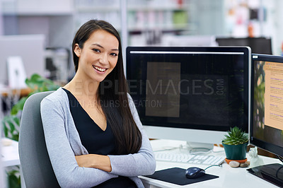 Buy stock photo Woman, smile and portrait with computer in office for internet, research online and website for company. Young person, editor and confident with tech for email and creative project for work or job