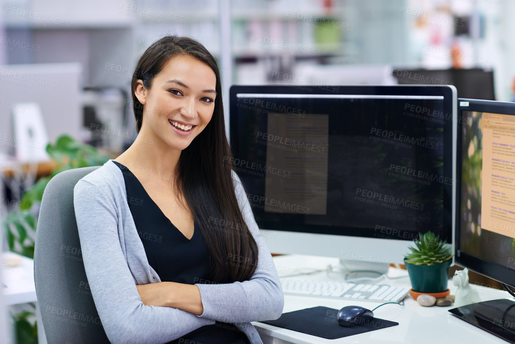 Buy stock photo Woman, smile and portrait with computer in office for internet, research online and website for company. Young person, editor and confident with tech for email and creative project for work or job